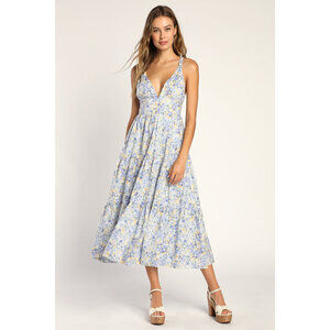 Lulus Brightly Blossoming Light Blue Floral Tiered Midi Dress - Size L
